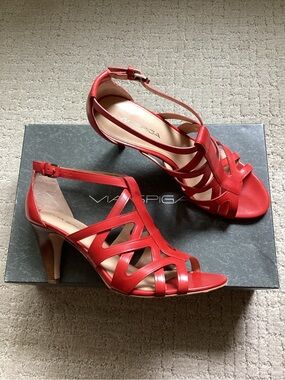 Via Spiga Red Leather Strappy Mid Heel Sandals